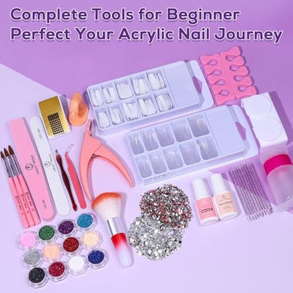 Beginners Nail Kit Acrylic Set: Professional Ultra-fine Acrylic Powder Kit with Everything - Starter Set with 600 Nail Tips, Glitter Powder, Nail Glue & Remover - Nail Art Supplies for DIY Home Salon Avelisse
