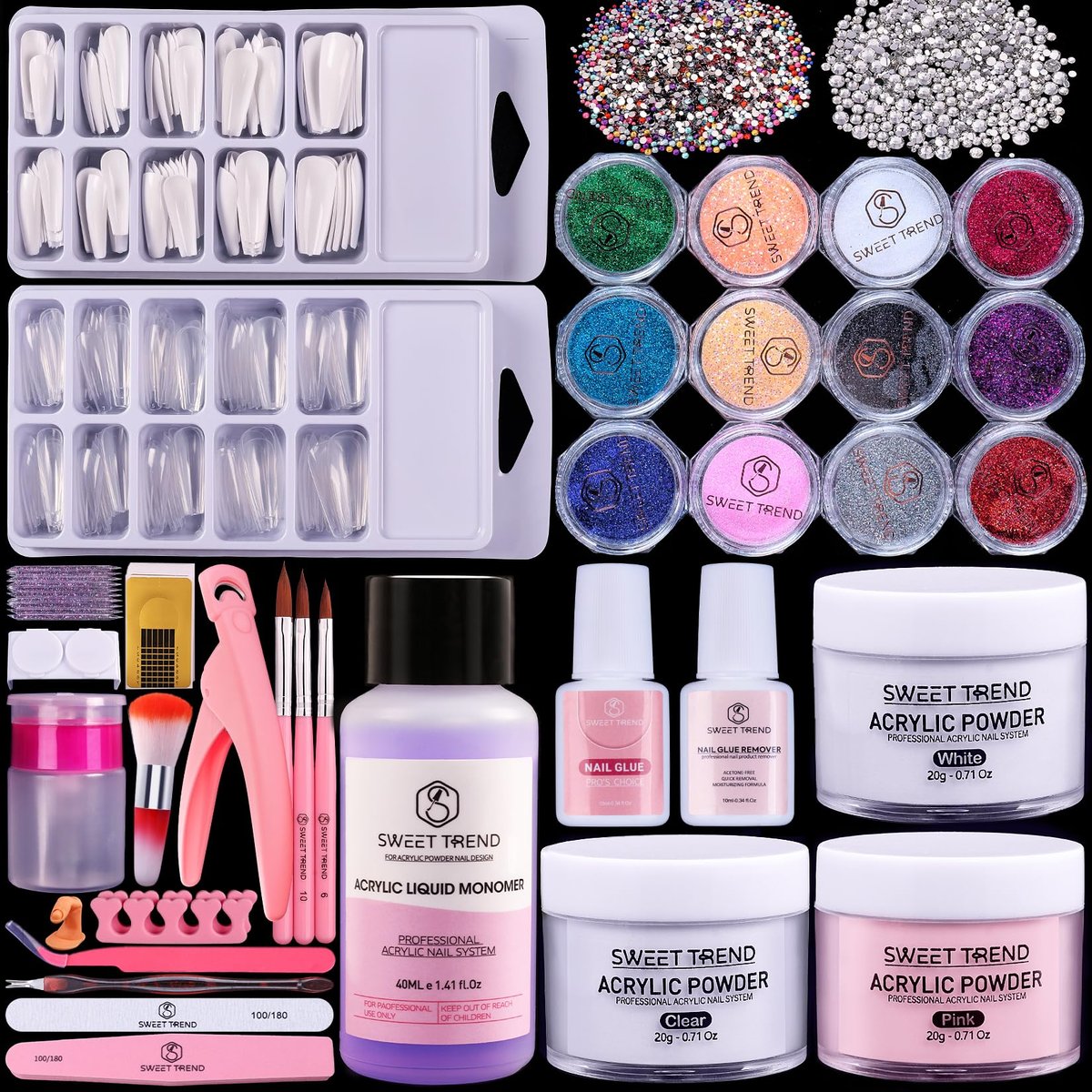 Beginners Nail Kit Acrylic Set: Professional Ultra-fine Acrylic Powder Kit with Everything - Starter Set with 600 Nail Tips, Glitter Powder, Nail Glue & Remover - Nail Art Supplies for DIY Home Salon Avelisse