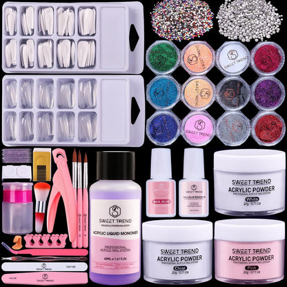 Beginners Nail Kit Acrylic Set: Professional Ultra-fine Acrylic Powder Kit with Everything - Starter Set with 600 Nail Tips, Glitter Powder, Nail Glue & Remover - Nail Art Supplies for DIY Home Salon Avelisse
