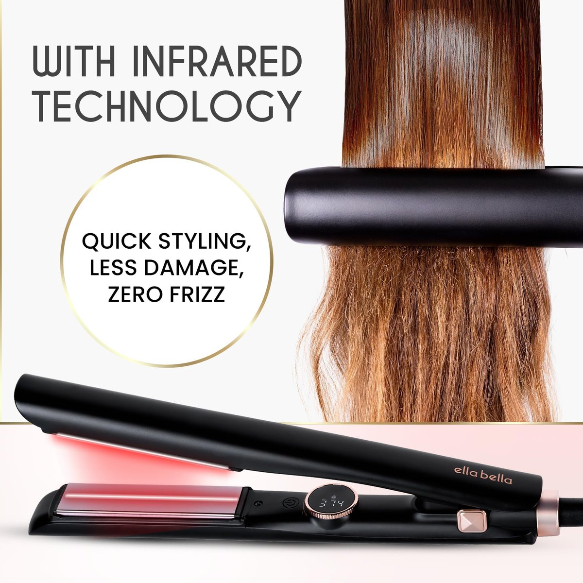 ELLA BELLA® Slimline Hair Straightener with Infrared Technology | 2-in-1 Straightening & Curling | 10 Temp Settings | Portable Design Avelisse