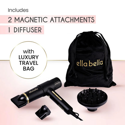 ELLA BELLA® Ionic Salon Hair Dryer with Diffuser - Negative Ion Blow Dryer for All Hair Types - Intelligent Heat & Speed Control - Lightweight & Low-Noise Design Avelisse