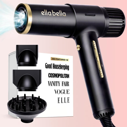 ELLA BELLA® Ionic Salon Hair Dryer with Diffuser - Negative Ion Blow Dryer for All Hair Types - Intelligent Heat & Speed Control - Lightweight & Low-Noise Design Avelisse