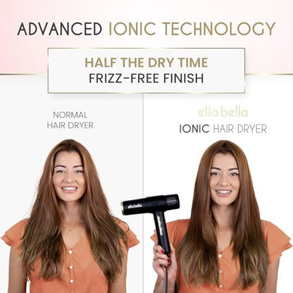 ELLA BELLA® Ionic Salon Hair Dryer with Diffuser - Negative Ion Blow Dryer for All Hair Types - Intelligent Heat & Speed Control - Lightweight & Low-Noise Design Avelisse