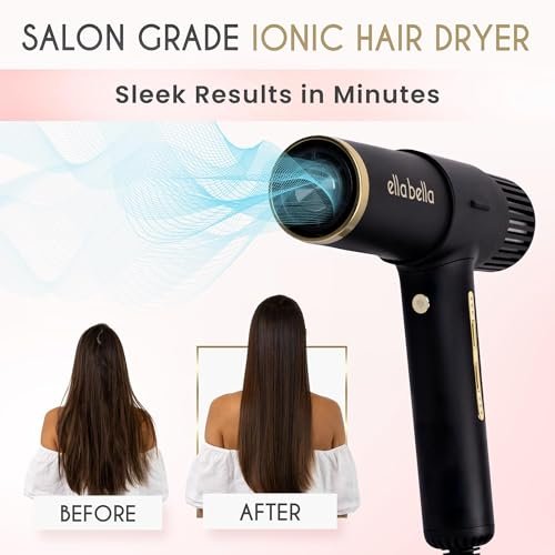 ELLA BELLA® Ionic Salon Hair Dryer with Diffuser - Negative Ion Blow Dryer for All Hair Types - Intelligent Heat & Speed Control - Lightweight & Low-Noise Design Avelisse