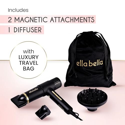 ELLA BELLA® Ionic Salon Hair Dryer with Diffuser - Negative Ion Blow Dryer for All Hair Types - Intelligent Heat & Speed Control - Lightweight & Low-Noise Design Avelisse