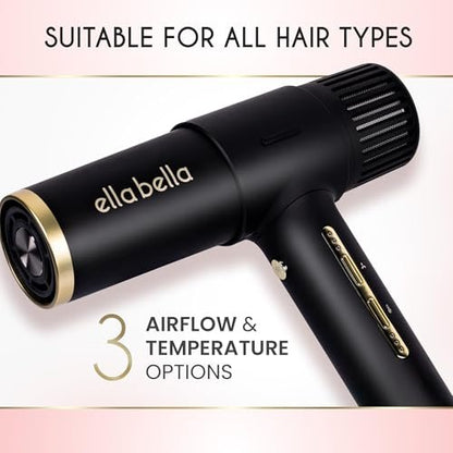 ELLA BELLA® Ionic Salon Hair Dryer with Diffuser - Negative Ion Blow Dryer for All Hair Types - Intelligent Heat & Speed Control - Lightweight & Low-Noise Design Avelisse