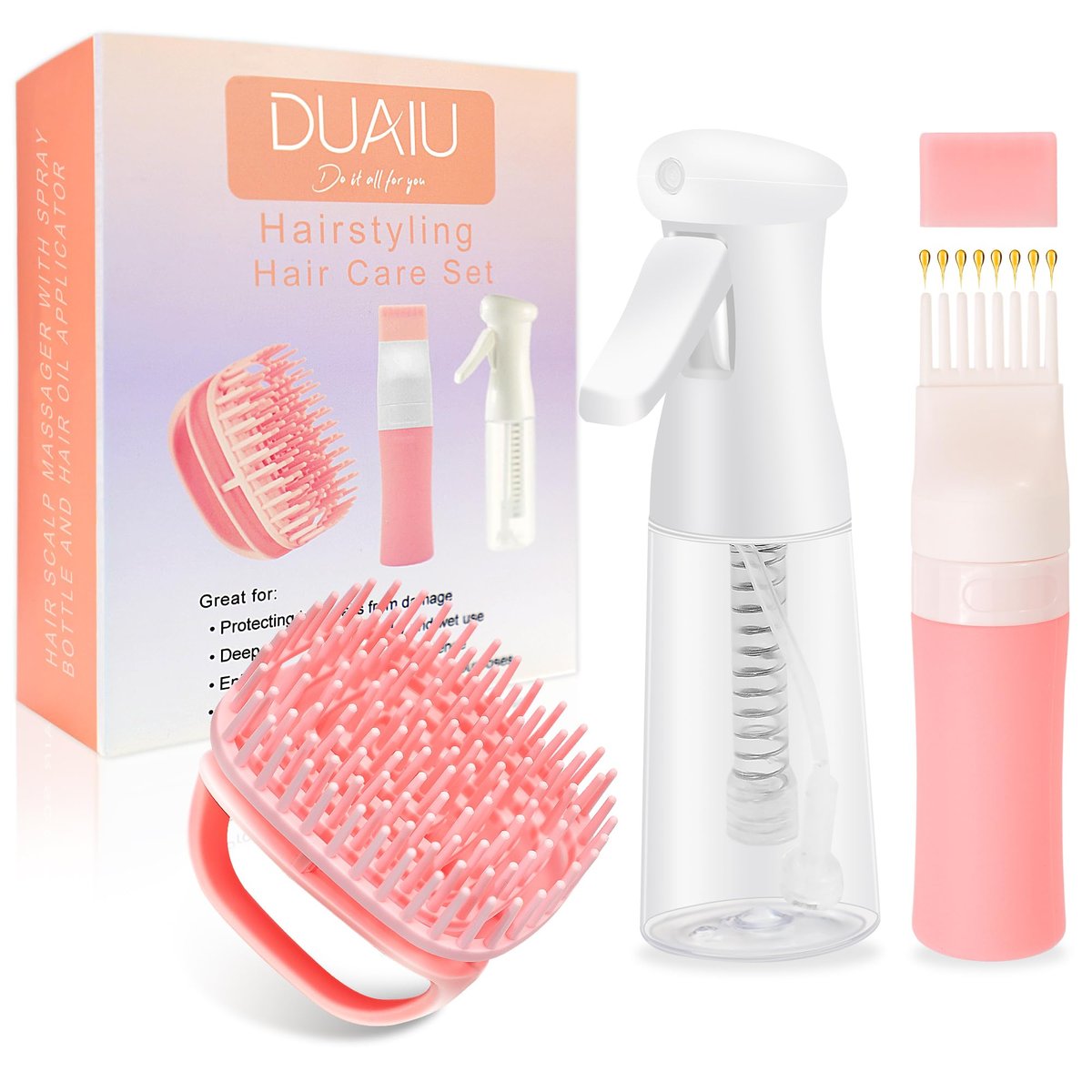 DUAIU Hair Oil Applicator with Continuous Spray Bottle & Scalp Massager – Silicone Root Comb, Shampoo Brush & Mister for Hair Dye & Care (Pink) - görsel 2