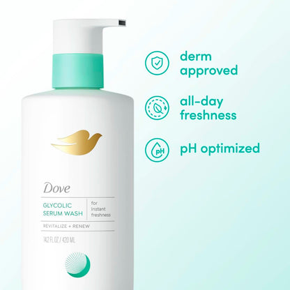 Dove Glycolic Serum Body Wash for Women - Skin Renewal, Hydration & Odor Control, Fresh Water Lily Scent, 14.2 oz