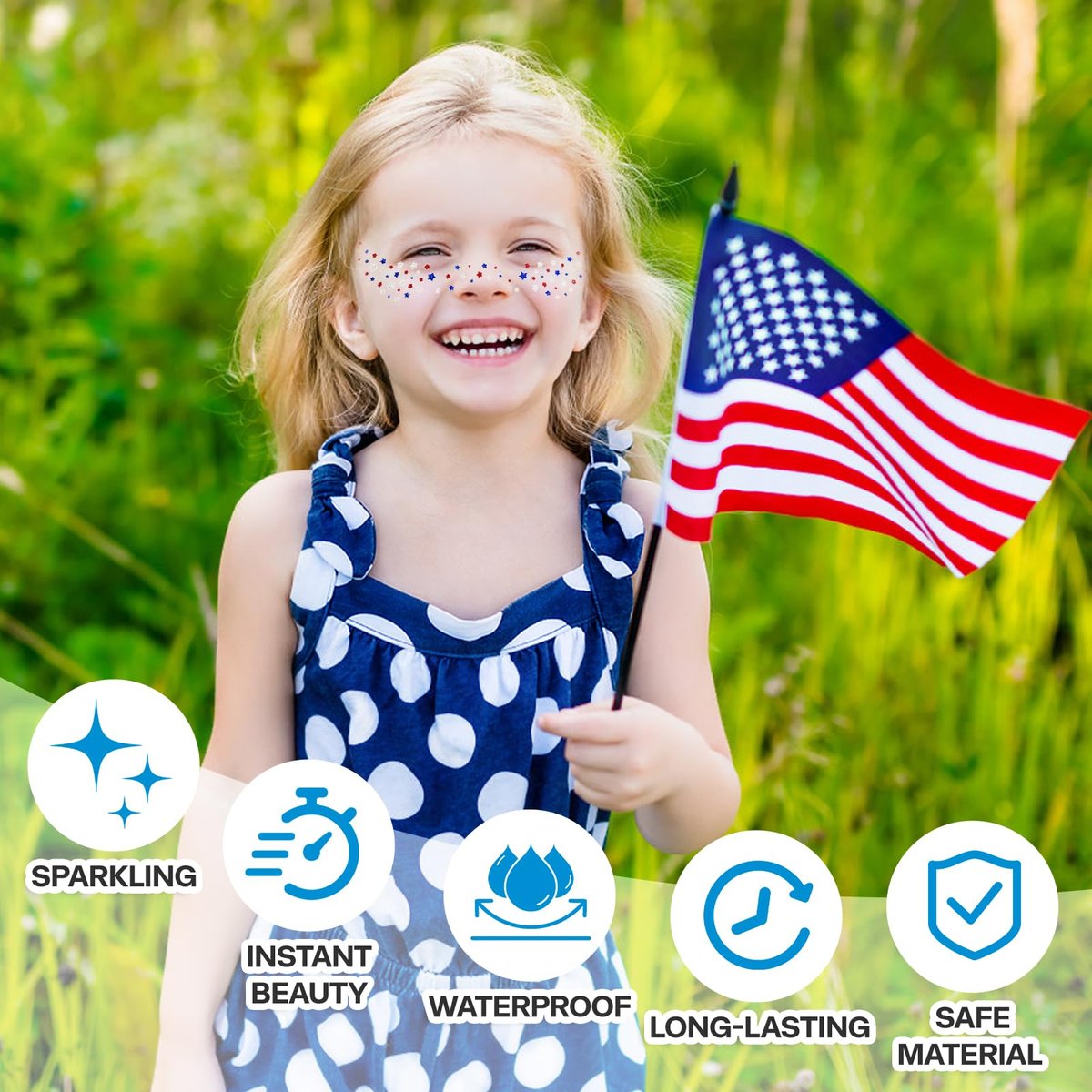 Mysense Red White and Blue Glitter Freckles Face Tattoo - 4th of July Temporary Tattoos for Women & Kids, Patriotic USA Flag Star Freckles Independence Day Accessories (6 Sheets) - görsel 3