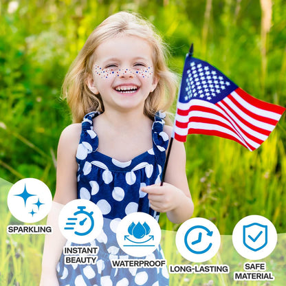 Mysense Red White and Blue Glitter Freckles Face Tattoo - 4th of July Temporary Tattoos for Women & Kids, Patriotic USA Flag Star Freckles Independence Day Accessories (6 Sheets)