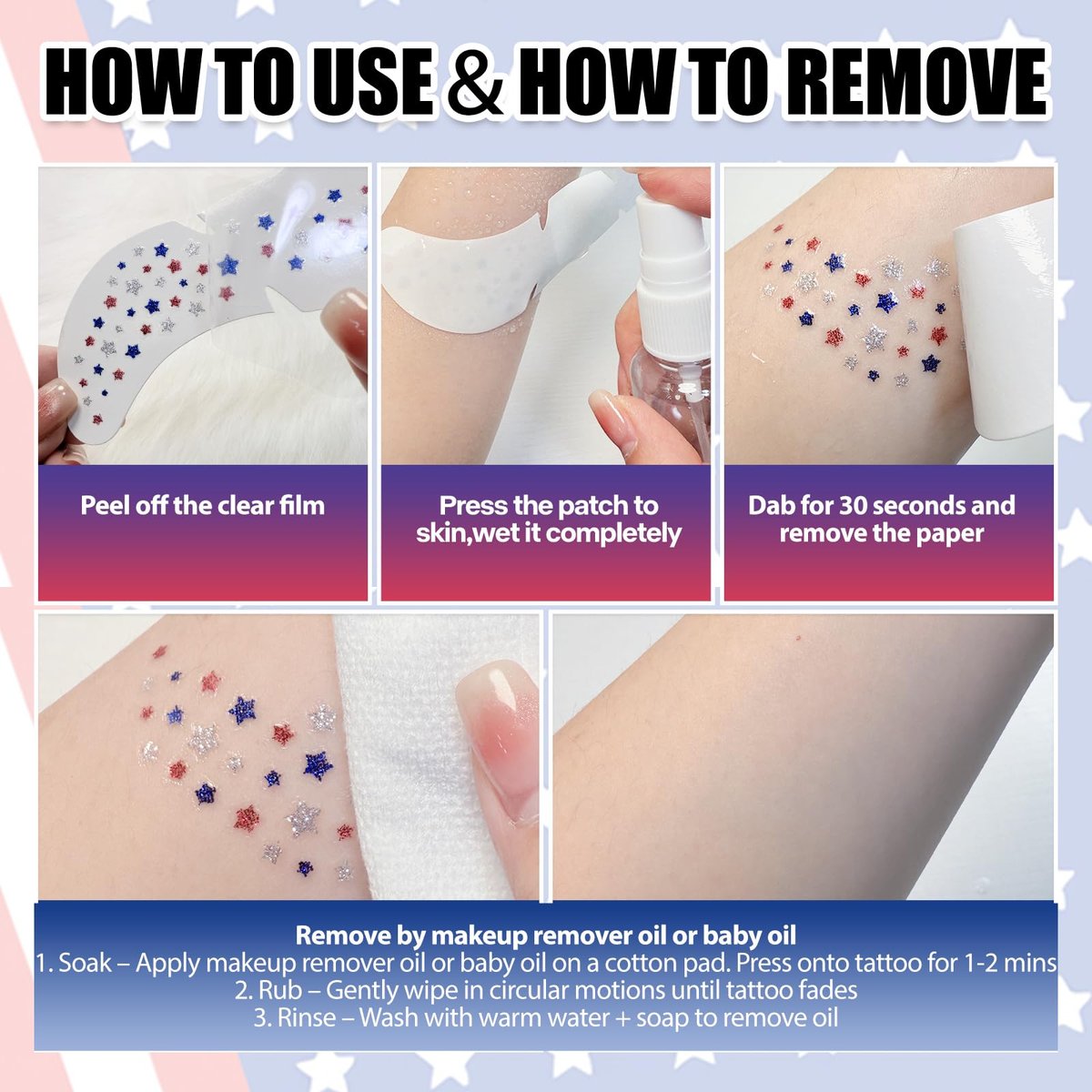 Mysense Red White and Blue Glitter Freckles Face Tattoo - 4th of July Temporary Tattoos for Women & Kids, Patriotic USA Flag Star Freckles Independence Day Accessories (6 Sheets) - görsel 7