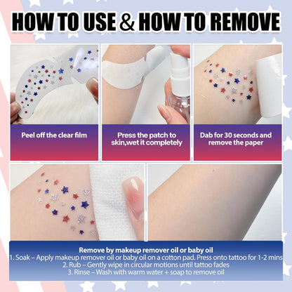 Mysense Red White and Blue Glitter Freckles Face Tattoo - 4th of July Temporary Tattoos for Women & Kids, Patriotic USA Flag Star Freckles Independence Day Accessories (6 Sheets)