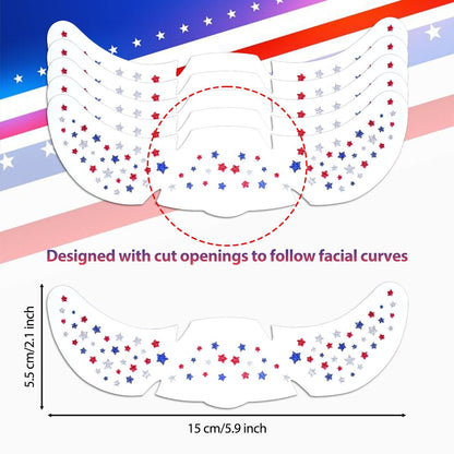 Mysense Red White and Blue Glitter Freckles Face Tattoo - 4th of July Temporary Tattoos for Women & Kids, Patriotic USA Flag Star Freckles Independence Day Accessories (6 Sheets)