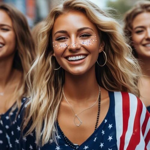 Mysense Red White and Blue Glitter Freckles Face Tattoo - 4th of July Temporary Tattoos for Women & Kids, Patriotic USA Flag Star Freckles Independence Day Accessories (6 Sheets) - görsel 12