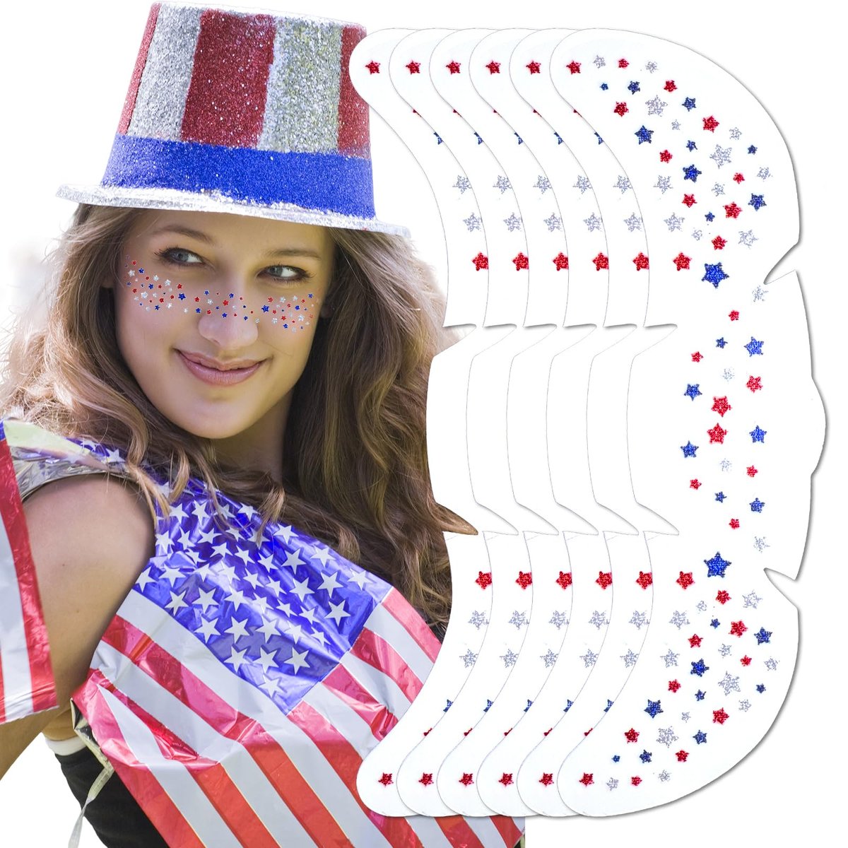 Mysense Red White and Blue Glitter Freckles Face Tattoo - 4th of July Temporary Tattoos for Women & Kids, Patriotic USA Flag Star Freckles Independence Day Accessories (6 Sheets) - görsel 1