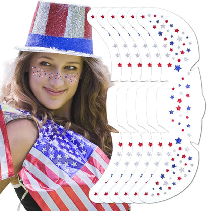 Mysense Red White and Blue Glitter Freckles Face Tattoo - 4th of July Temporary Tattoos for Women & Kids, Patriotic USA Flag Star Freckles Independence Day Accessories (6 Sheets)