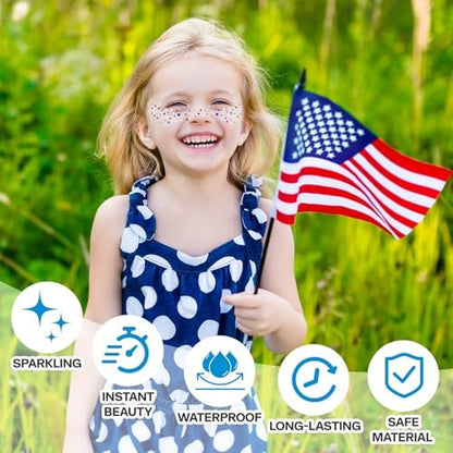 Mysense Red White and Blue Glitter Freckles Face Tattoo - 4th of July Temporary Tattoos for Women & Kids, Patriotic USA Flag Star Freckles Independence Day Accessories (6 Sheets)