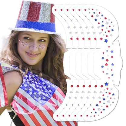 Mysense Red White and Blue Glitter Freckles Face Tattoo - 4th of July Temporary Tattoos for Women & Kids, Patriotic USA Flag Star Freckles Independence Day Accessories (6 Sheets)