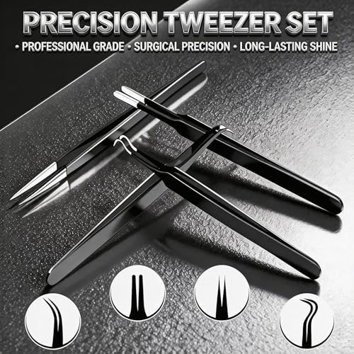 G.CATACC Precision Tweezers Set - 4-Pack Curved & Pointed Tweezers for Eyelash Extension, Blackheads, Facial Hair, Ingrown Hair Removal, Electronics, Soldering, Jewelry - with Case Avelisse