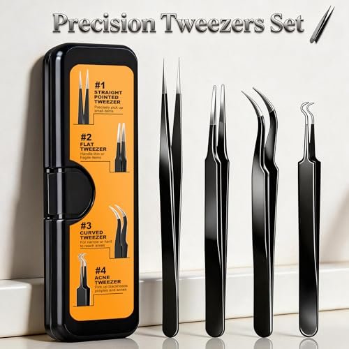 G.CATACC Precision Tweezers Set - 4-Pack Curved & Pointed Tweezers for Eyelash Extension, Blackheads, Facial Hair, Ingrown Hair Removal, Electronics, Soldering, Jewelry - with Case Avelisse