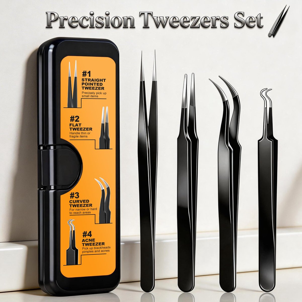G.CATACC Precision Tweezers Set - 4-Pack Curved & Pointed Tweezers for Eyelash Extension, Blackheads, Facial Hair, Ingrown Hair Removal, Electronics, Soldering, Jewelry - with Case Avelisse