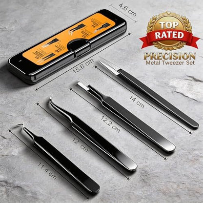 G.CATACC Precision Tweezers Set - 4-Pack Curved & Pointed Tweezers for Eyelash Extension, Blackheads, Facial Hair, Ingrown Hair Removal, Electronics, Soldering, Jewelry - with Case Avelisse