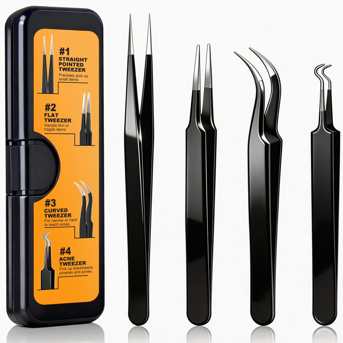 G.CATACC Precision Tweezers Set - 4-Pack Curved & Pointed Tweezers for Eyelash Extension, Blackheads, Facial Hair, Ingrown Hair Removal, Electronics, Soldering, Jewelry - with Case Avelisse