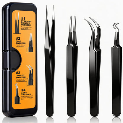 G.CATACC Precision Tweezers Set - 4-Pack Curved & Pointed Tweezers for Eyelash Extension, Blackheads, Facial Hair, Ingrown Hair Removal, Electronics, Soldering, Jewelry - with Case Avelisse