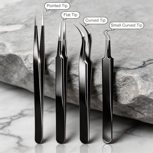G.CATACC Precision Tweezers Set - 4-Pack Curved & Pointed Tweezers for Eyelash Extension, Blackheads, Facial Hair, Ingrown Hair Removal, Electronics, Soldering, Jewelry - with Case Avelisse