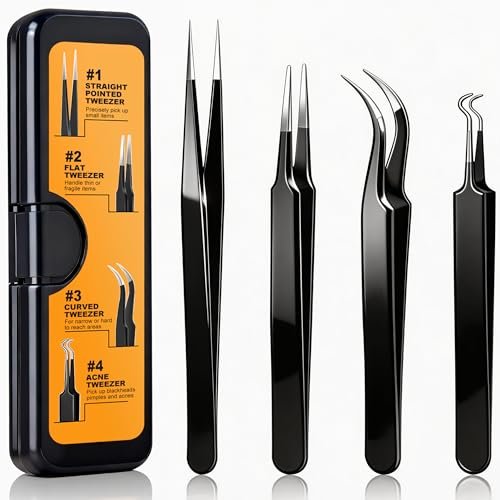 G.CATACC Precision Tweezers Set - 4-Pack Curved & Pointed Tweezers for Eyelash Extension, Blackheads, Facial Hair, Ingrown Hair Removal, Electronics, Soldering, Jewelry - with Case Avelisse