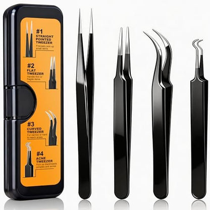 G.CATACC Precision Tweezers Set - 4-Pack Curved & Pointed Tweezers for Eyelash Extension, Blackheads, Facial Hair, Ingrown Hair Removal, Electronics, Soldering, Jewelry - with Case Avelisse