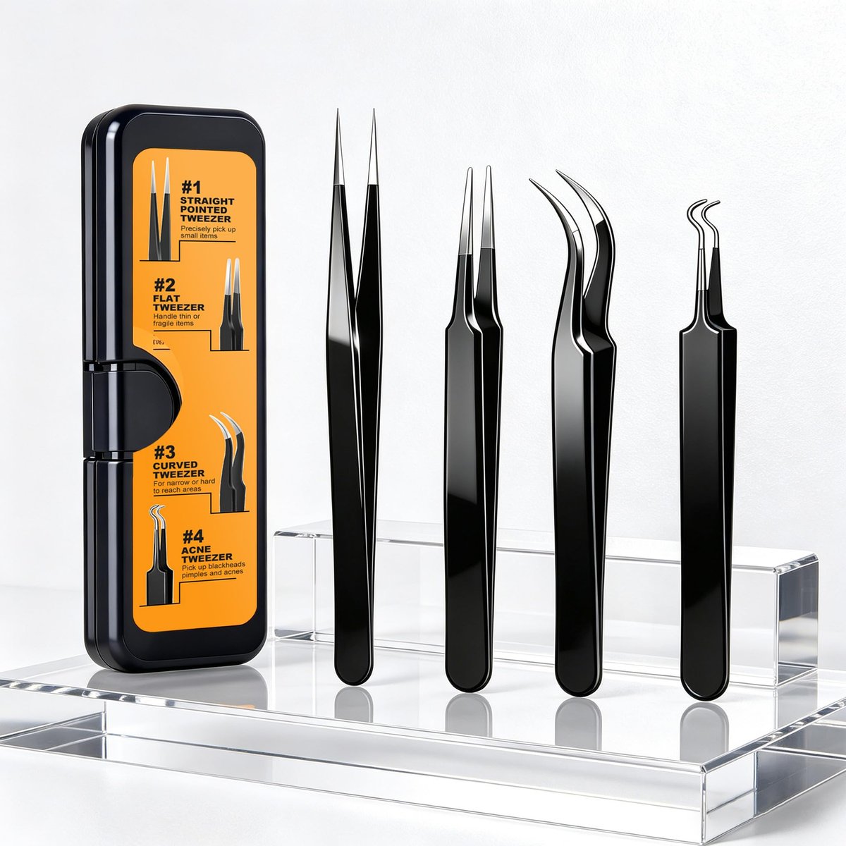 G.CATACC Precision Tweezers Set - 4-Pack Curved & Pointed Tweezers for Eyelash Extension, Blackheads, Facial Hair, Ingrown Hair Removal, Electronics, Soldering, Jewelry - with Case Avelisse