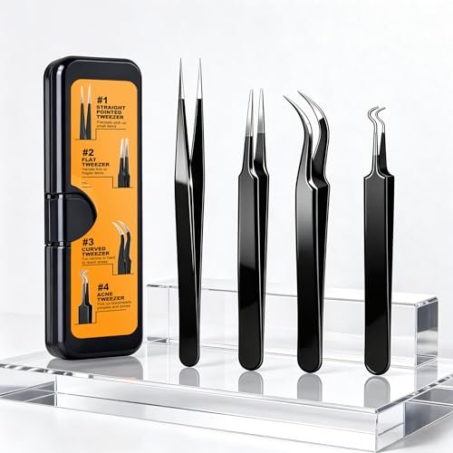 G.CATACC Precision Tweezers Set - 4-Pack Curved & Pointed Tweezers for Eyelash Extension, Blackheads, Facial Hair, Ingrown Hair Removal, Electronics, Soldering, Jewelry - with Case Avelisse