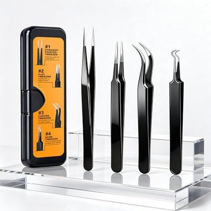 G.CATACC Precision Tweezers Set - 4-Pack Curved & Pointed Tweezers for Eyelash Extension, Blackheads, Facial Hair, Ingrown Hair Removal, Electronics, Soldering, Jewelry - with Case Avelisse
