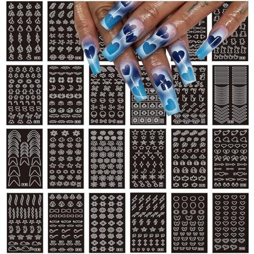 24 Sheets Heart Butterfly Flower Moon Stars Hollow French Art Airbrush Stencil Nail Stickers for Nail Art Manicure DIY Decorations - görsel 2