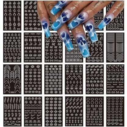 24 Sheets Heart Butterfly Flower Moon Stars Hollow French Art Airbrush Stencil Nail Stickers for Nail Art Manicure DIY Decorations