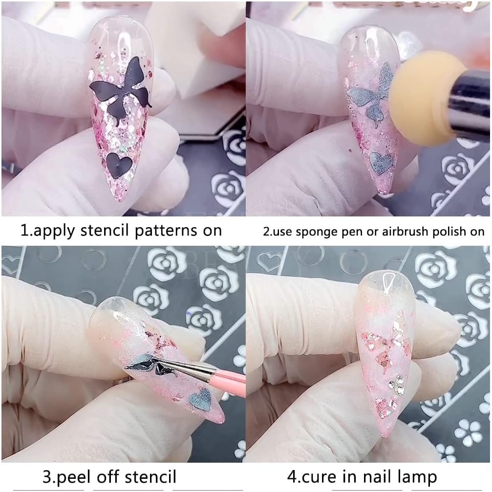 24 Sheets Heart Butterfly Flower Moon Stars Hollow French Art Airbrush Stencil Nail Stickers for Nail Art Manicure DIY Decorations - görsel 7
