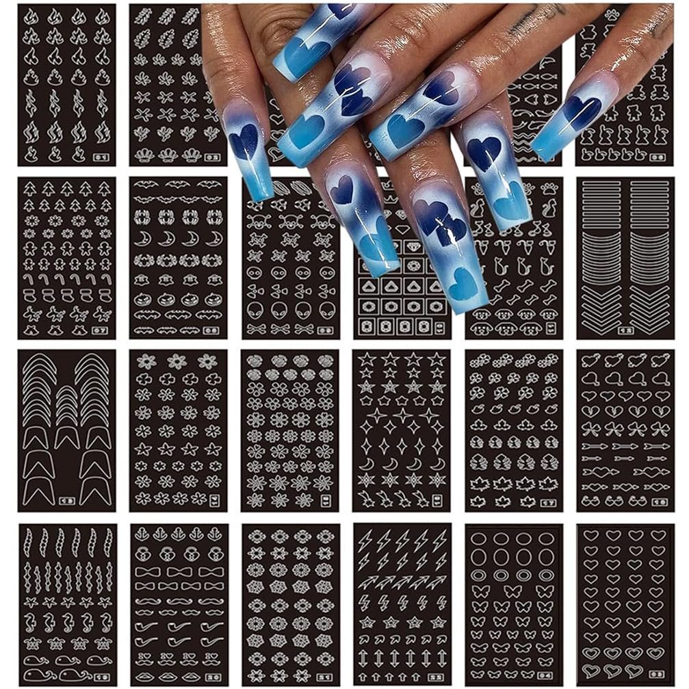 24 Sheets Heart Butterfly Flower Moon Stars Hollow French Art Airbrush Stencil Nail Stickers for Nail Art Manicure DIY Decorations - görsel 1