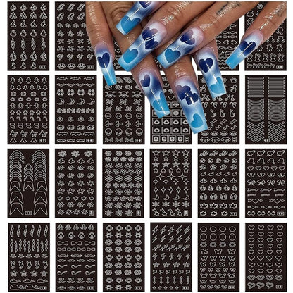24 Sheets Heart Butterfly Flower Moon Stars Hollow French Art Airbrush Stencil Nail Stickers for Nail Art Manicure DIY Decorations