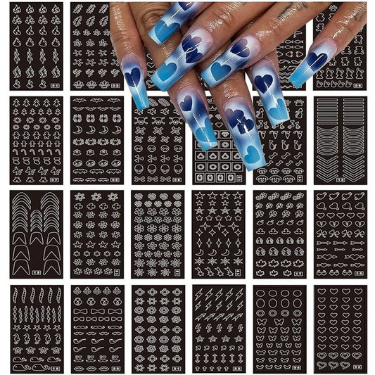24 Sheets Heart Butterfly Flower Moon Stars Hollow French Art Airbrush Stencil Nail Stickers for Nail Art Manicure DIY Decorations