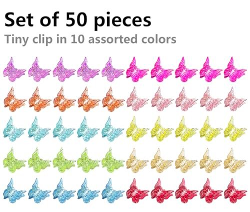 BEBEEPOO Glitter Mini Butterfly Hair Claw Clips - 50 Pack, 10 Assorted Colors, Small Tiny Clips for Girls and Women, 90s Y2K Cute Hair Accessories - görsel 8