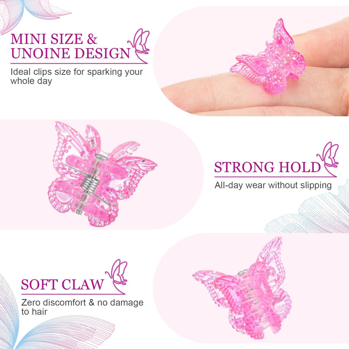 BEBEEPOO Glitter Mini Butterfly Hair Claw Clips - 50 Pack, 10 Assorted Colors, Small Tiny Clips for Girls and Women, 90s Y2K Cute Hair Accessories - görsel 3