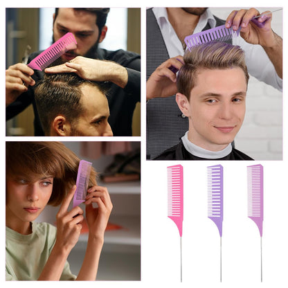 3 Pieces Foiling Comb for Highlighting - Colorful Rat Tail Combs with Metal Steel Pin for Salon, Barbershop, Home Use