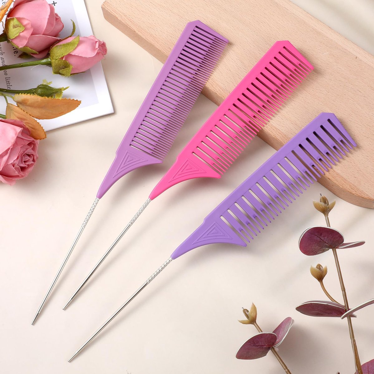 3 Pieces Foiling Comb for Highlighting - Colorful Rat Tail Combs with Metal Steel Pin for Salon, Barbershop, Home Use - görsel 9