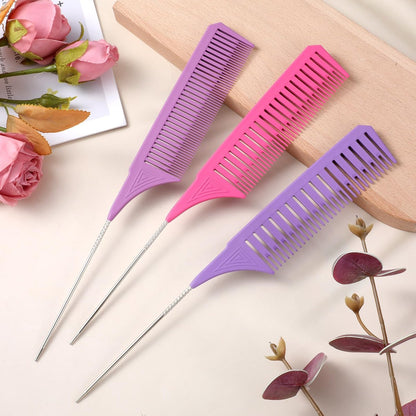 3 Pieces Foiling Comb for Highlighting - Colorful Rat Tail Combs with Metal Steel Pin for Salon, Barbershop, Home Use