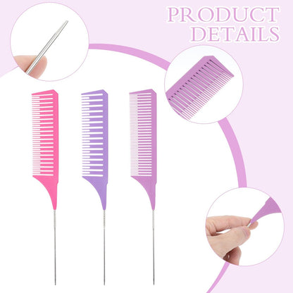3 Pieces Foiling Comb for Highlighting - Colorful Rat Tail Combs with Metal Steel Pin for Salon, Barbershop, Home Use