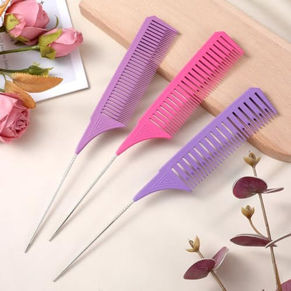 3 Pieces Foiling Comb for Highlighting - Colorful Rat Tail Combs with Metal Steel Pin for Salon, Barbershop, Home Use