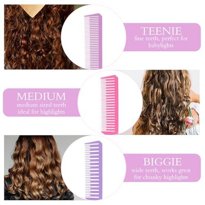 3 Pieces Foiling Comb for Highlighting - Colorful Rat Tail Combs with Metal Steel Pin for Salon, Barbershop, Home Use