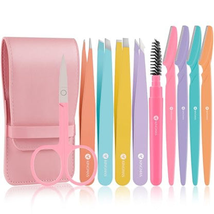 KINGMAS 10-Piece Tweezers Set for Women: Precision Eyebrow Tweezers with Curved Scissor, Razor, and Travel Case