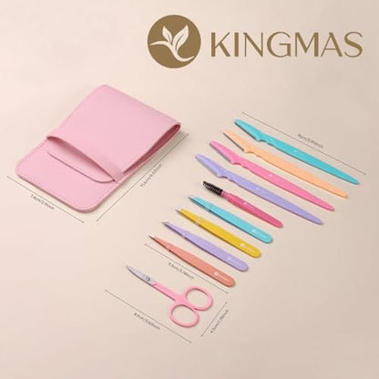 KINGMAS 10-Piece Tweezers Set for Women: Precision Eyebrow Tweezers with Curved Scissor, Razor, and Travel Case